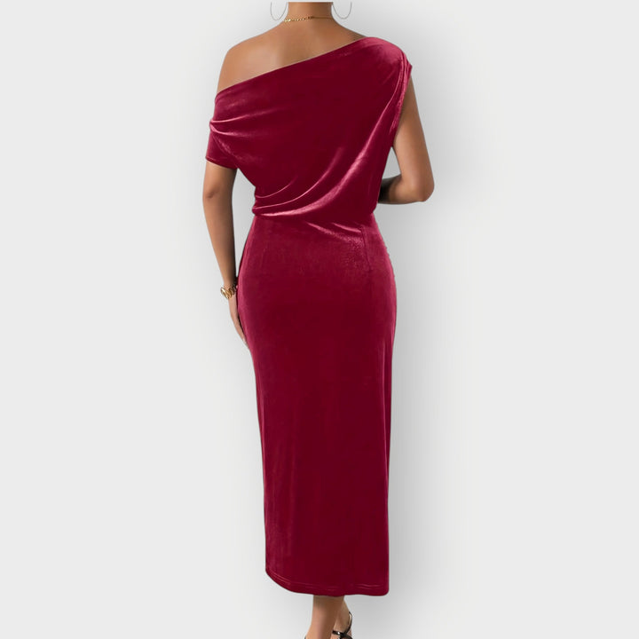 Greece – Off-Shoulder Draped Velvet Midi Dress
