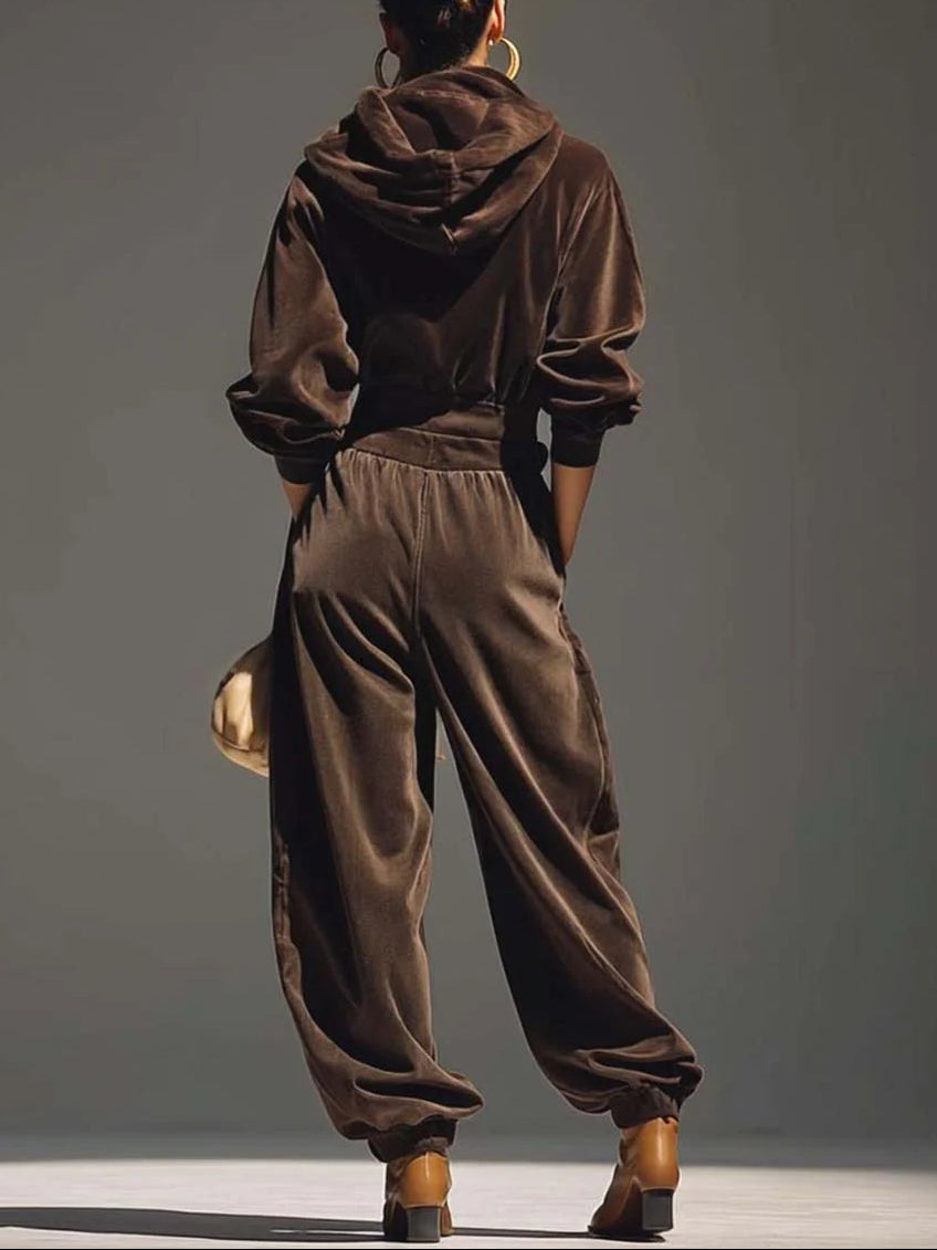 Vintage brown velvet hoodie and loose pants (with belt)