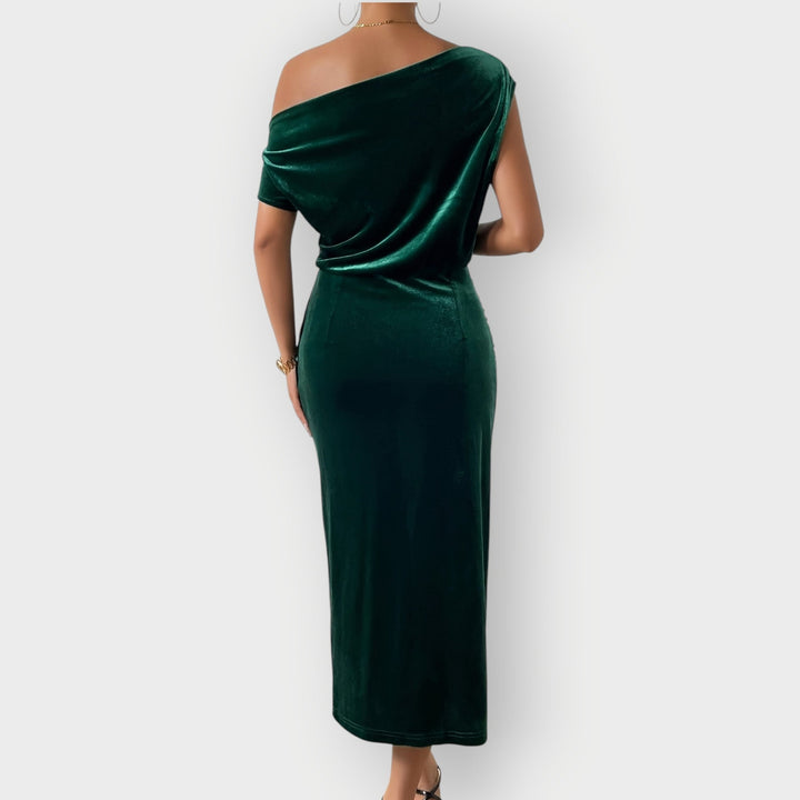 Greece – Off-Shoulder Draped Velvet Midi Dress
