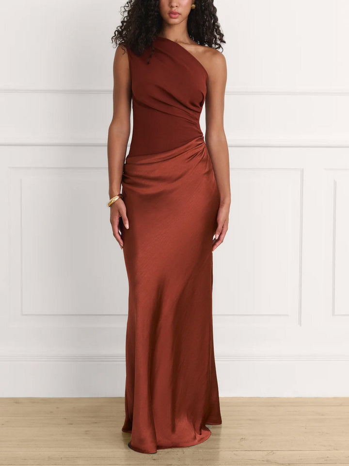 Elegant One Shoulder Neck Pleated Evening Maxi Dress