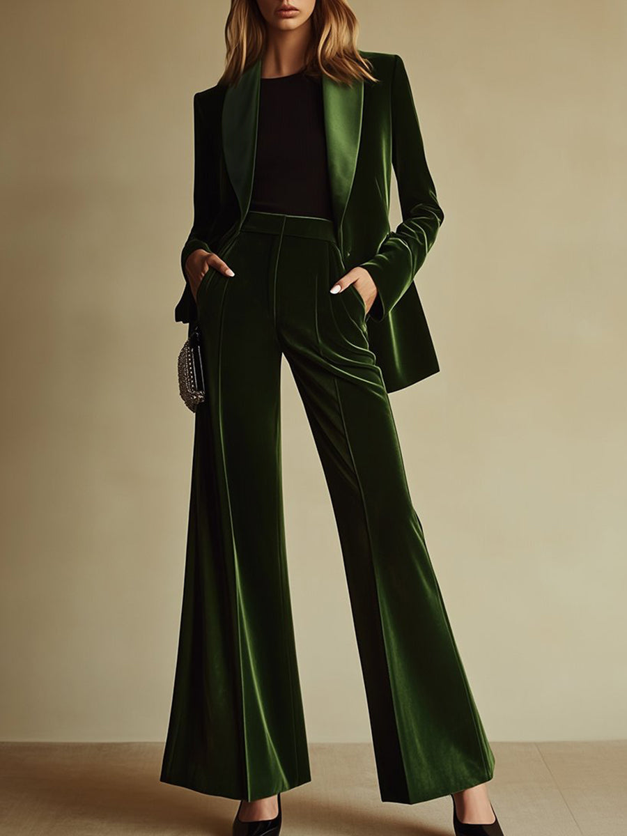High-Quality Loose Retro Green Velvet Suit