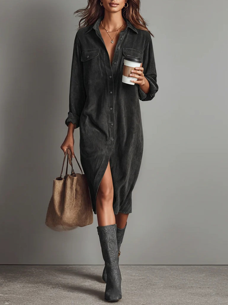 Loose midi dress made of corduroy with double breast pockets and buttons