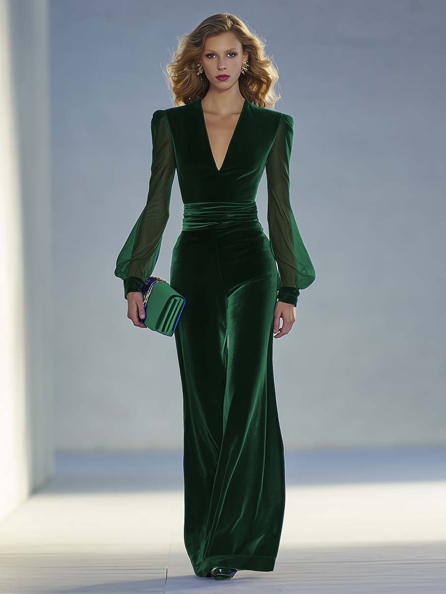 Vintage Elegant And Exquisite V-Neck Mesh Long Sleeve Royal Blue Velvet Jumpsuit