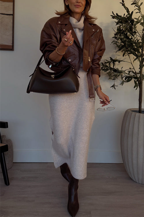 Collarless Waist Midi Sweater Dress with Side Slit