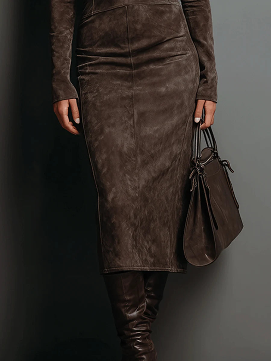 Midi dress with long sleeves and high collar made of suede