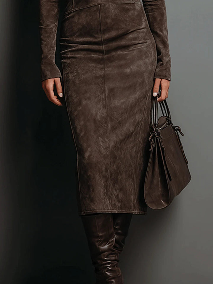 Midi dress with long sleeves and high collar made of suede
