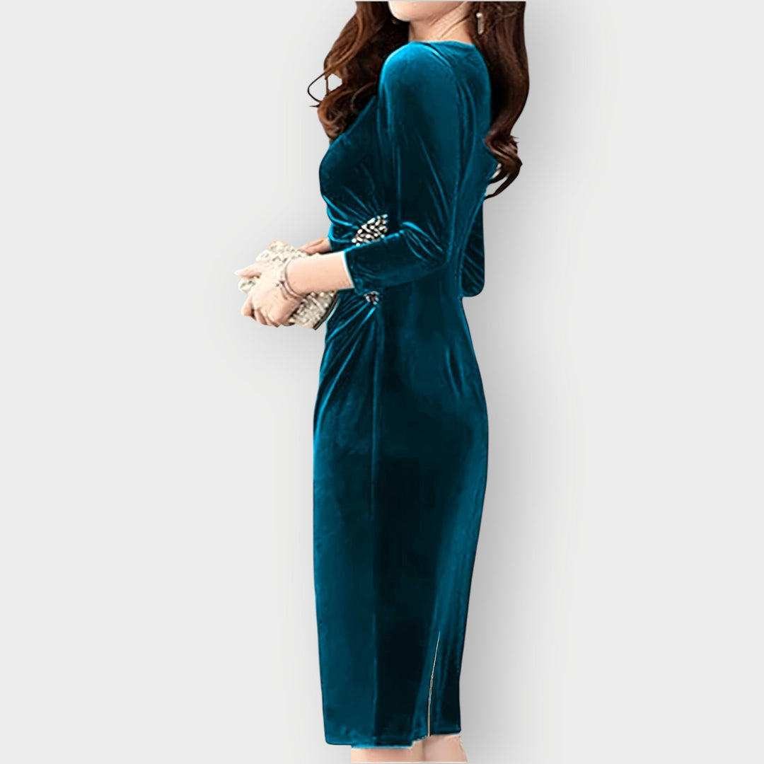 Gaia - Velvet Split Dress 3/4 Sleeve Slim Fit