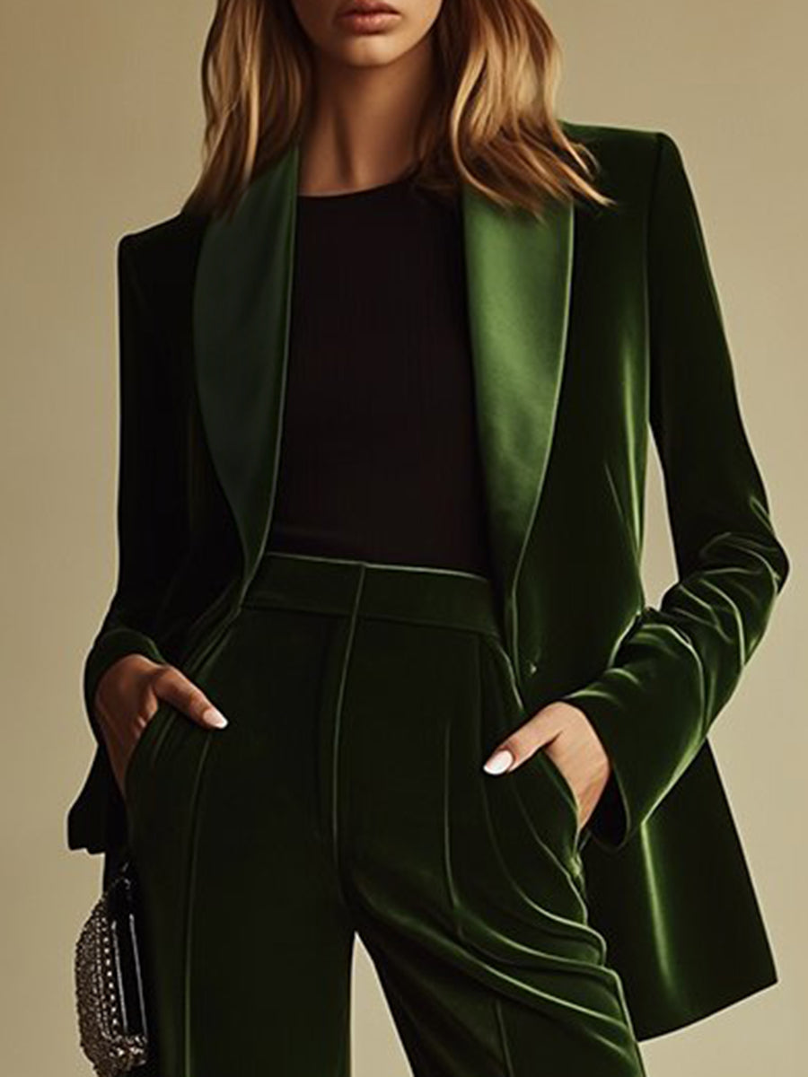 High-Quality Loose Retro Green Velvet Suit