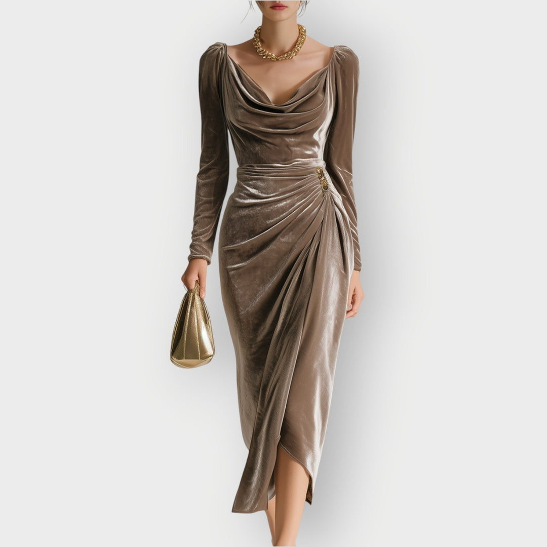 Eadoline - Layered Draped Elegance Midi Dress