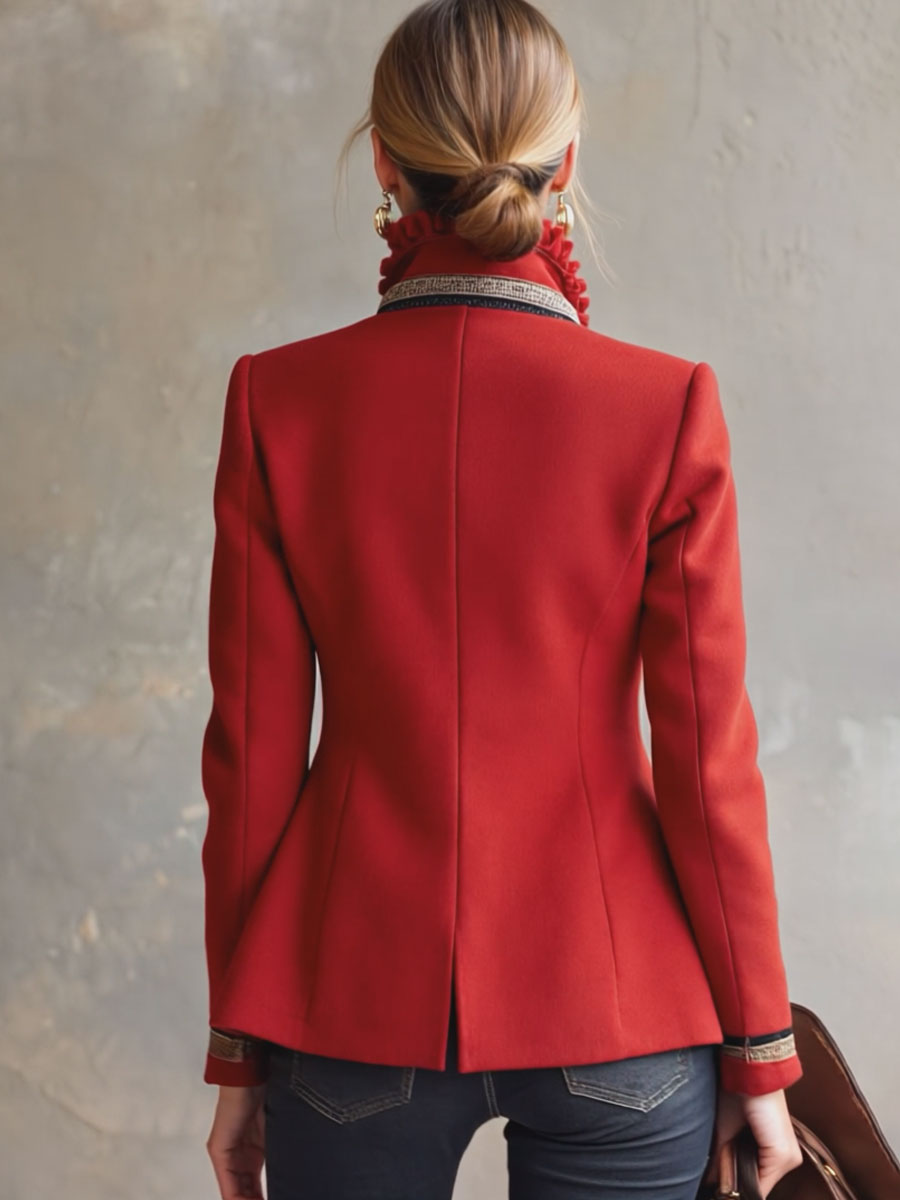 Ruffled Stand-up Collar Single-breasted Rose Embroidered Woolen Jacket