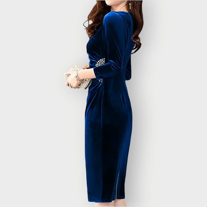 Gaia - Velvet Split Dress 3/4 Sleeve Slim Fit