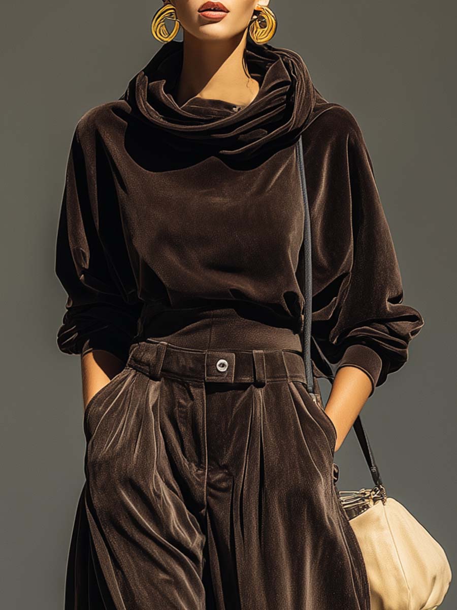 Vintage brown velvet hoodie and loose pants (with belt)