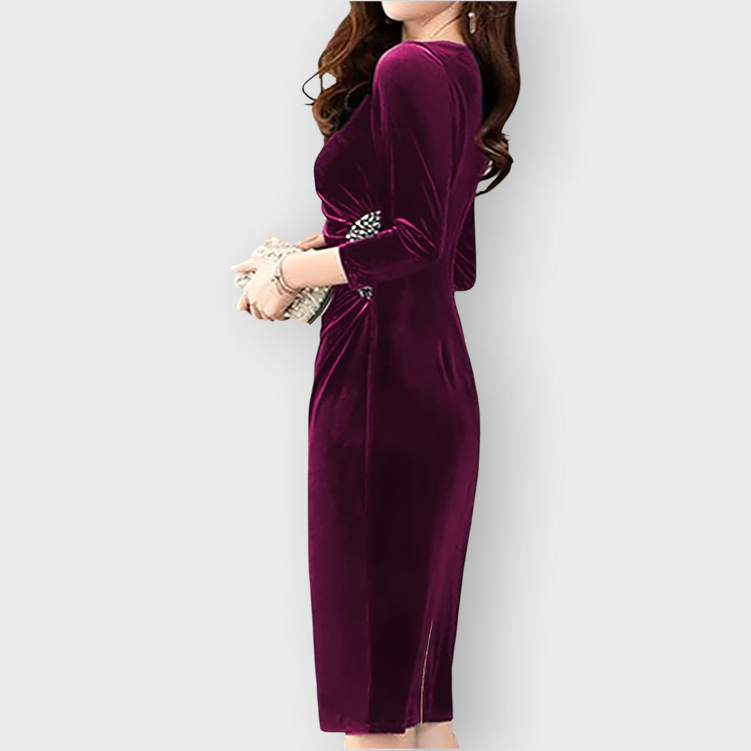 Gaia - Velvet Split Dress 3/4 Sleeve Slim Fit