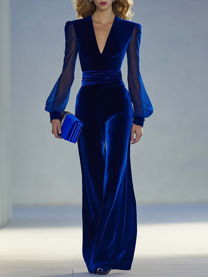 Vintage Elegant And Exquisite V-Neck Mesh Long Sleeve Royal Blue Velvet Jumpsuit