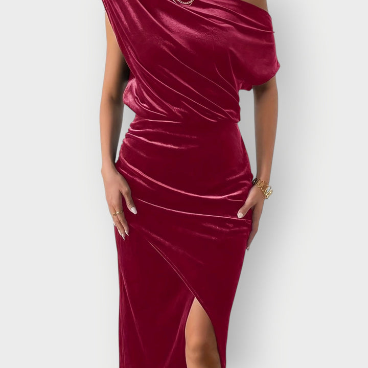 Greece – Off-Shoulder Draped Velvet Midi Dress