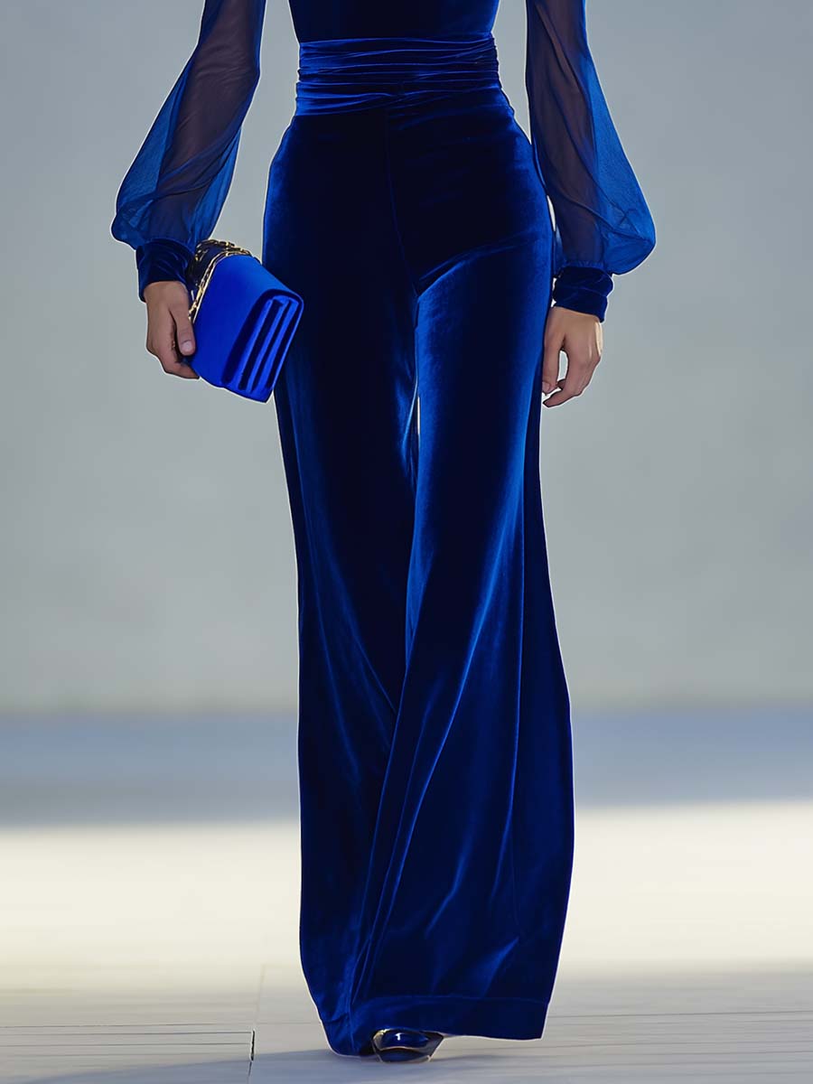 Vintage Elegant And Exquisite V-Neck Mesh Long Sleeve Royal Blue Velvet Jumpsuit