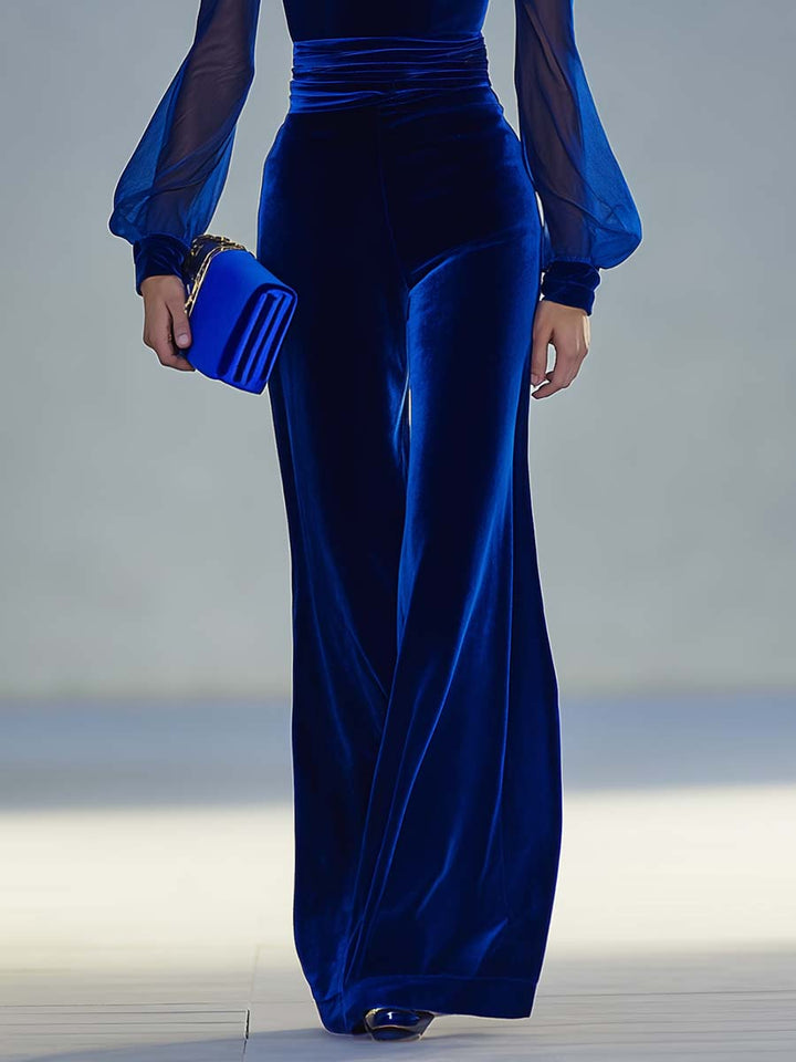 Vintage Elegant And Exquisite V-Neck Mesh Long Sleeve Royal Blue Velvet Jumpsuit