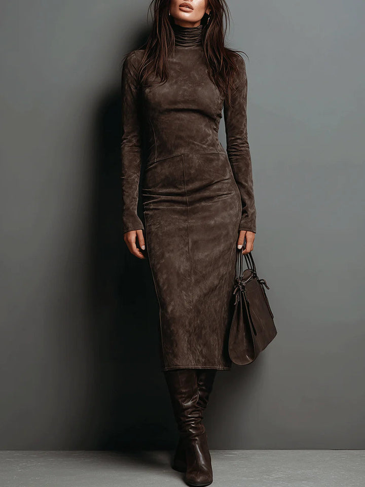 Midi dress with long sleeves and high collar made of suede