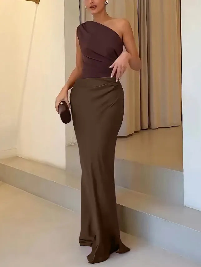 Elegant One Shoulder Neck Pleated Evening Maxi Dress