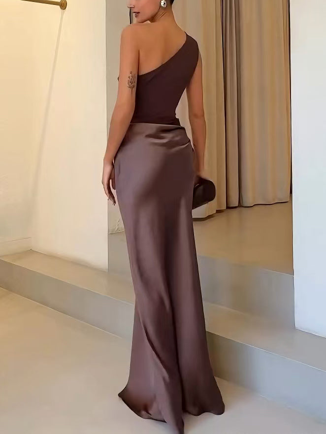 Elegant One Shoulder Neck Pleated Evening Maxi Dress