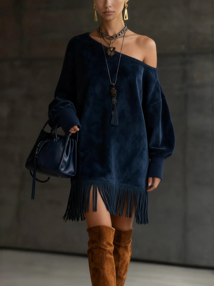 Suede Dress in Navy Blue with Off-the-Shoulder Design and Fringes