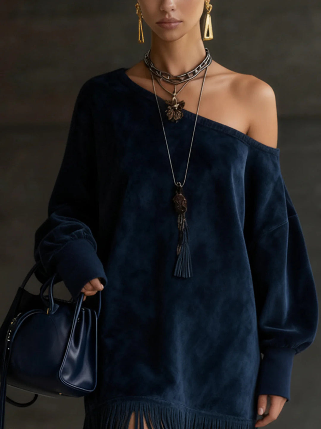 Suede Dress in Navy Blue with Off-the-Shoulder Design and Fringes