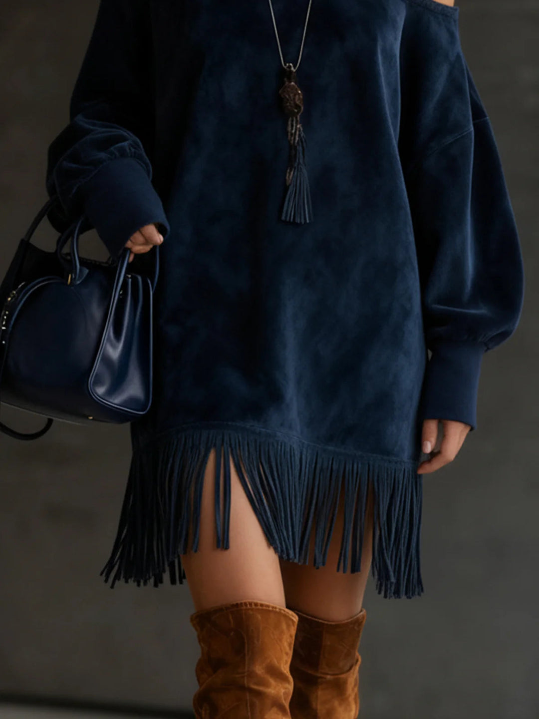 Suede Dress in Navy Blue with Off-the-Shoulder Design and Fringes