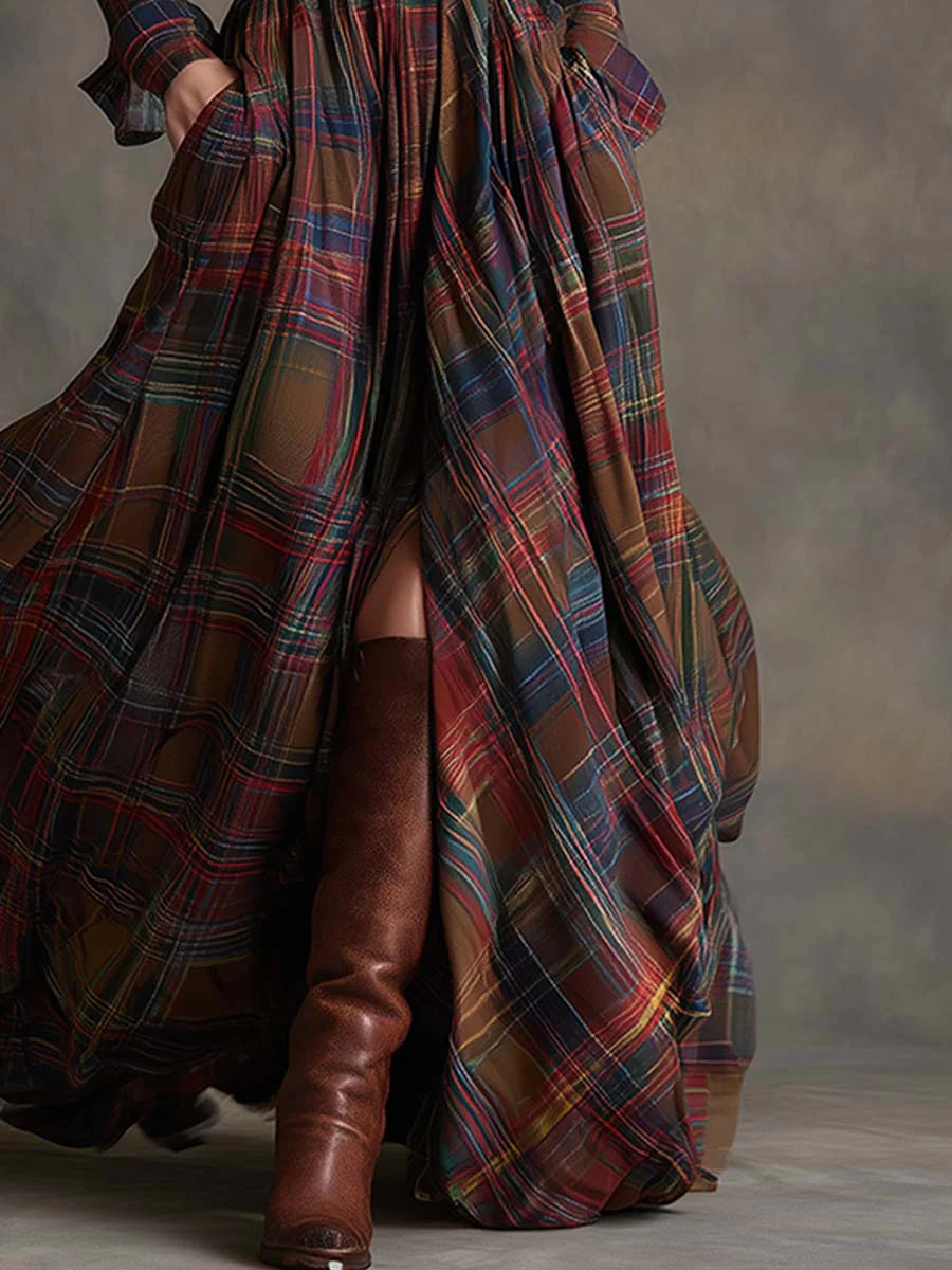 Retro maxi dress in reddish-brown with check pattern