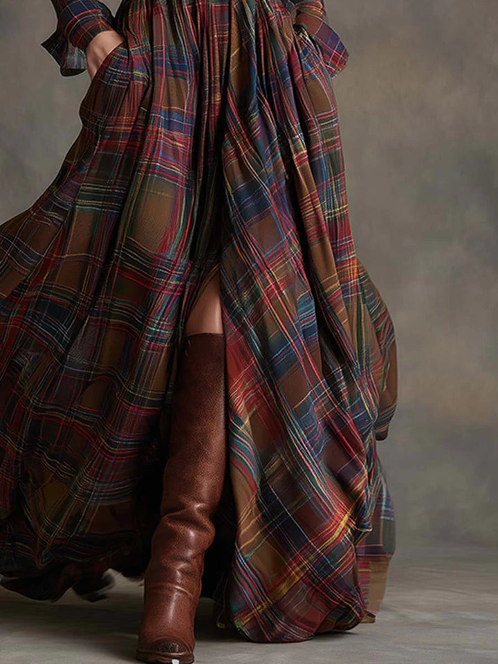 Retro maxi dress in reddish-brown with check pattern