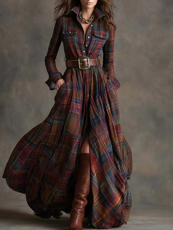 Retro maxi dress with check in red-brown