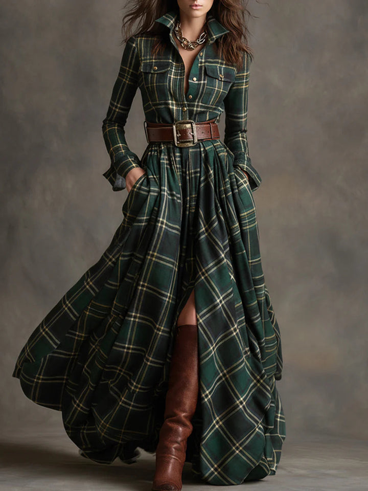 Retro maxi dress in reddish-brown with check pattern