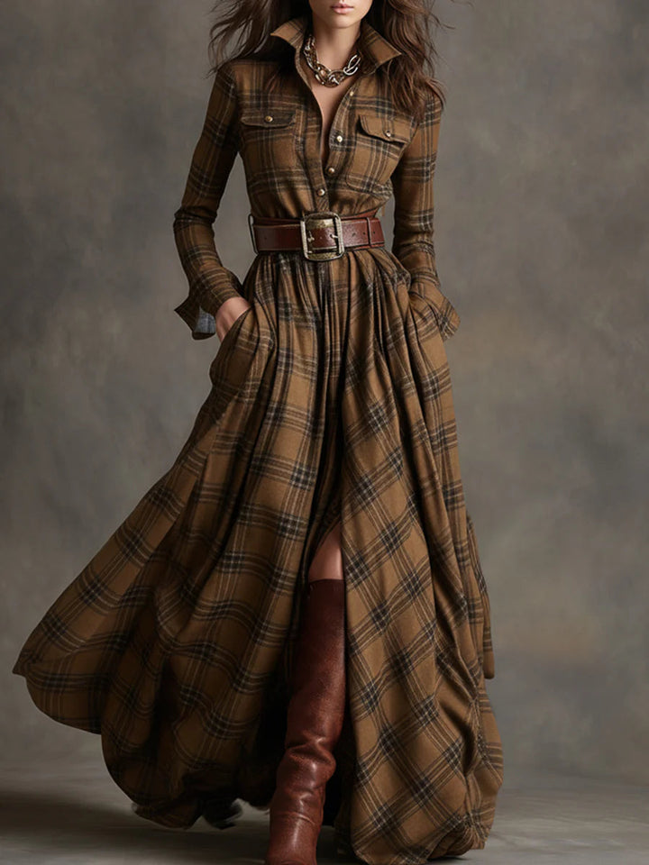 Retro maxi dress with check in red-brown