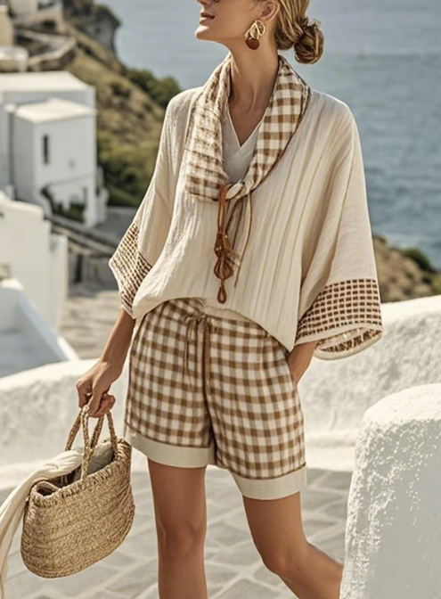 Calista Drape Short Set with Check Pattern
