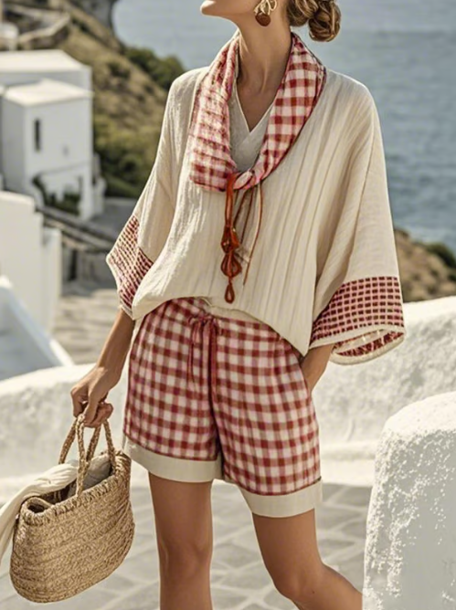 Calista Drape Short Set with Check Pattern