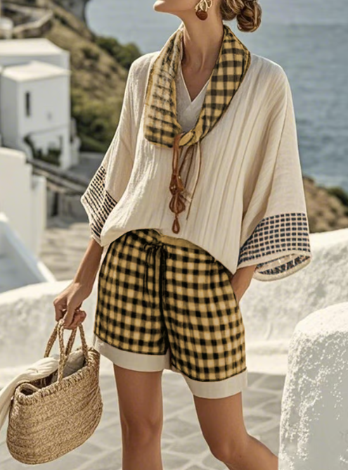 Calista Drape Short Set with Check Pattern