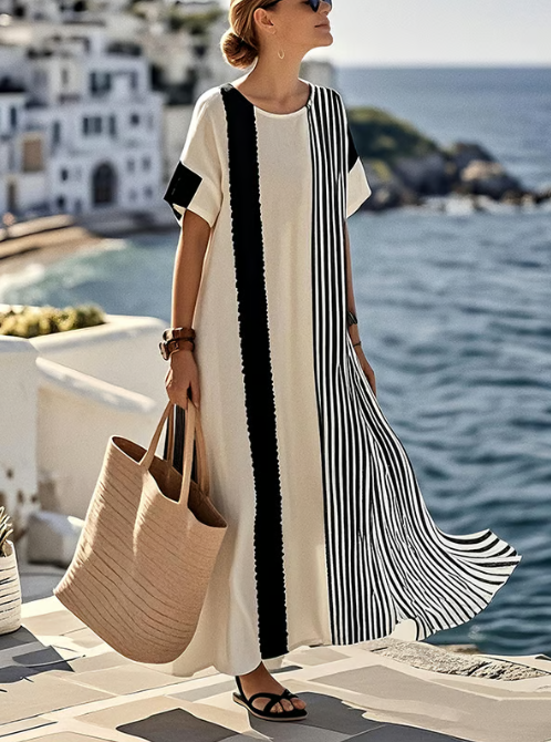 Calista Drape Long Dress with Contrasting Stripes