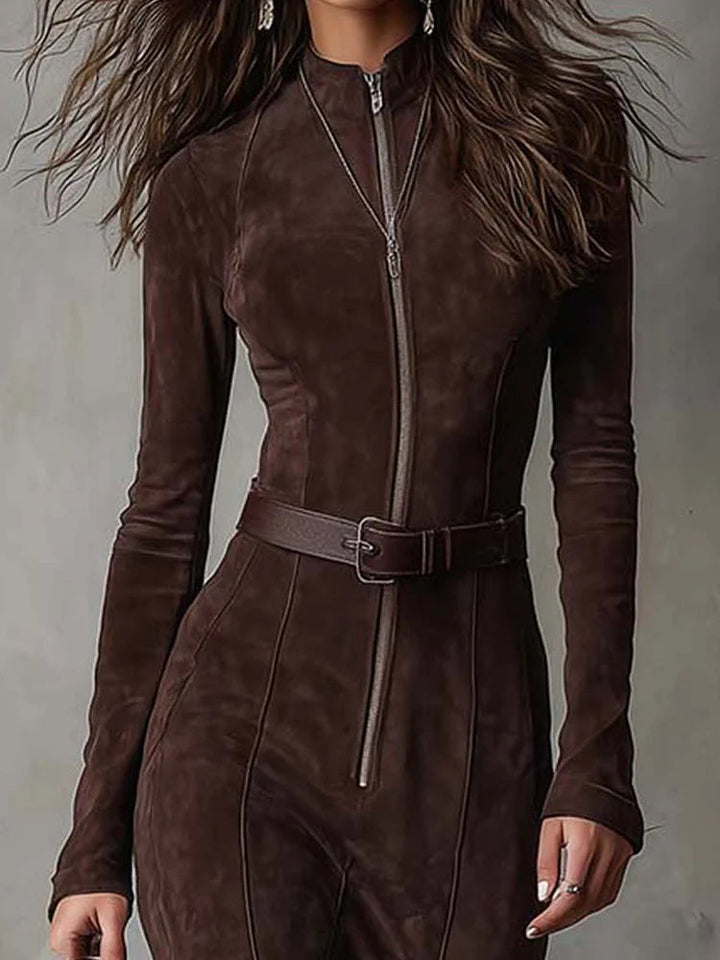 Adrianna | Brown suede maxi dress with belt and zipper