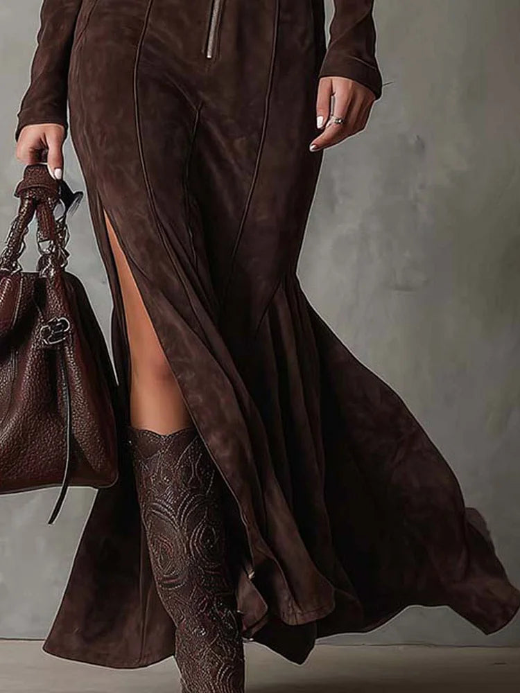 Vintage Brown Maxi Dress with Zipper and Belt (Including belt)