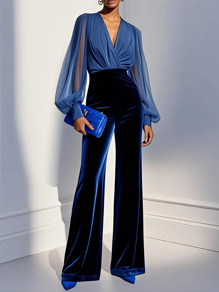 Everly - Long Velvet Jumpsuit with V-Neck and Long Blue Mesh Sleeves