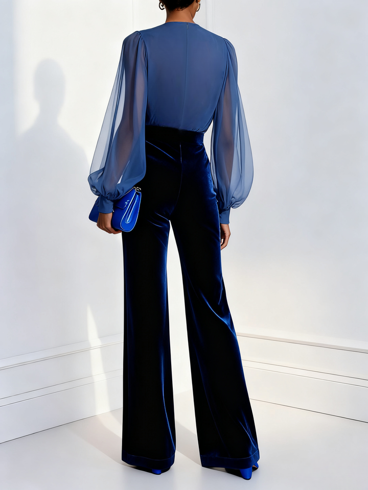 Everly - Long Velvet Jumpsuit with V-Neck and Long Blue Mesh Sleeves