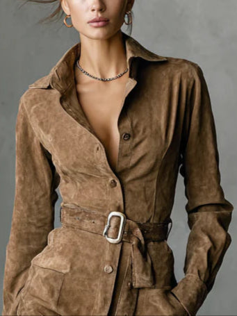 Suede Midi Dress with Single Closure and Collar (with Belt)