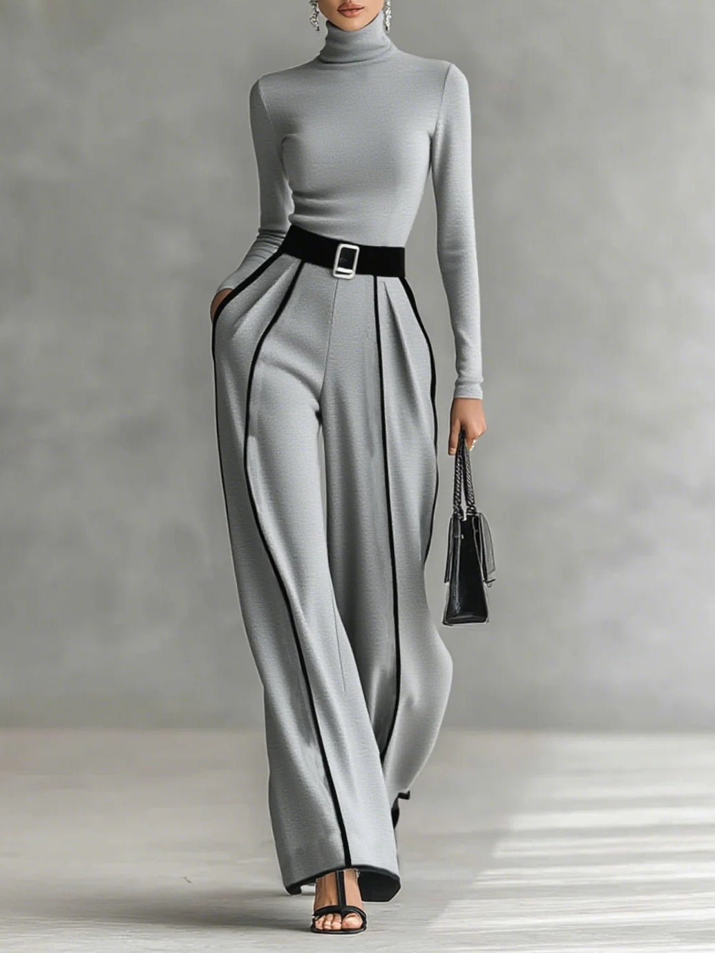 White set with high collar, long sleeves, and wide trousers with belt