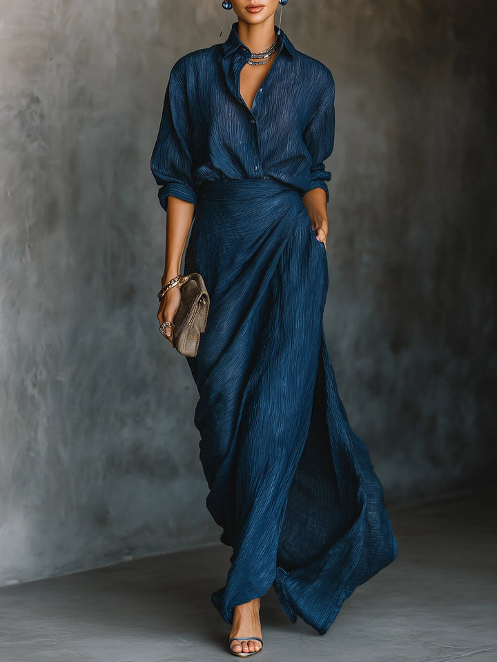 Elegant maxi dress set in dark blue cotton and linen