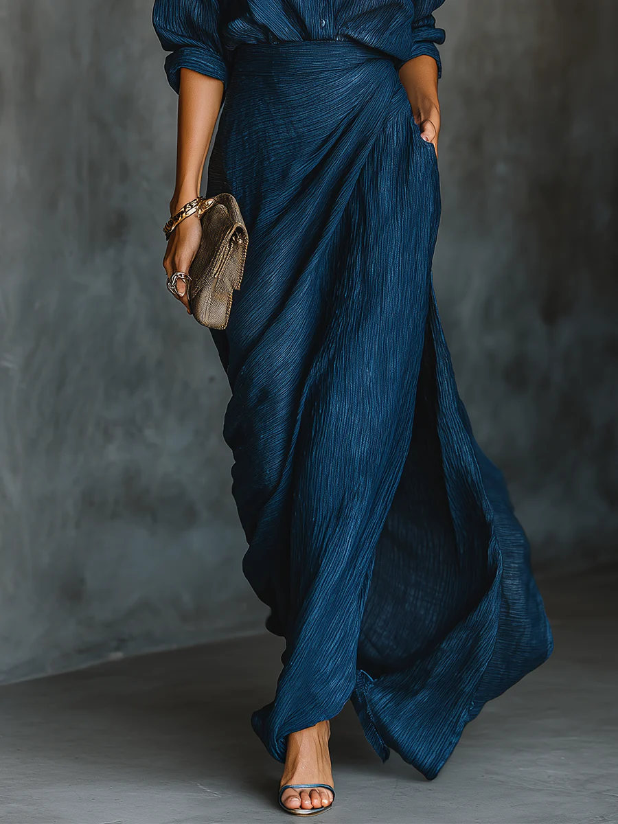 Elegant maxi dress set in dark blue cotton and linen