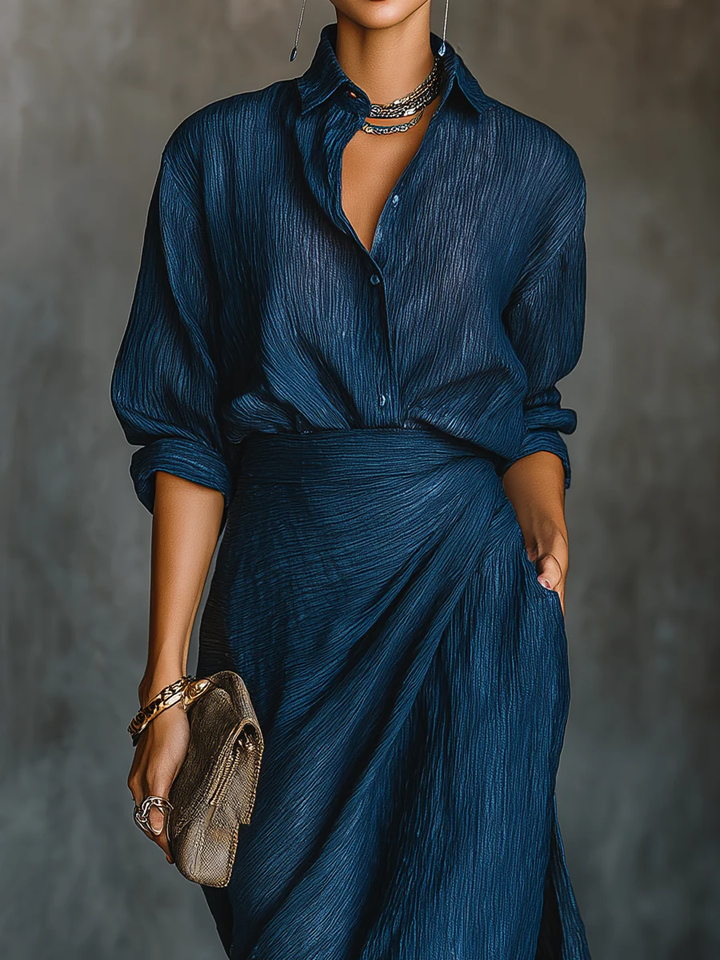 Elegant maxi dress set in dark blue cotton and linen