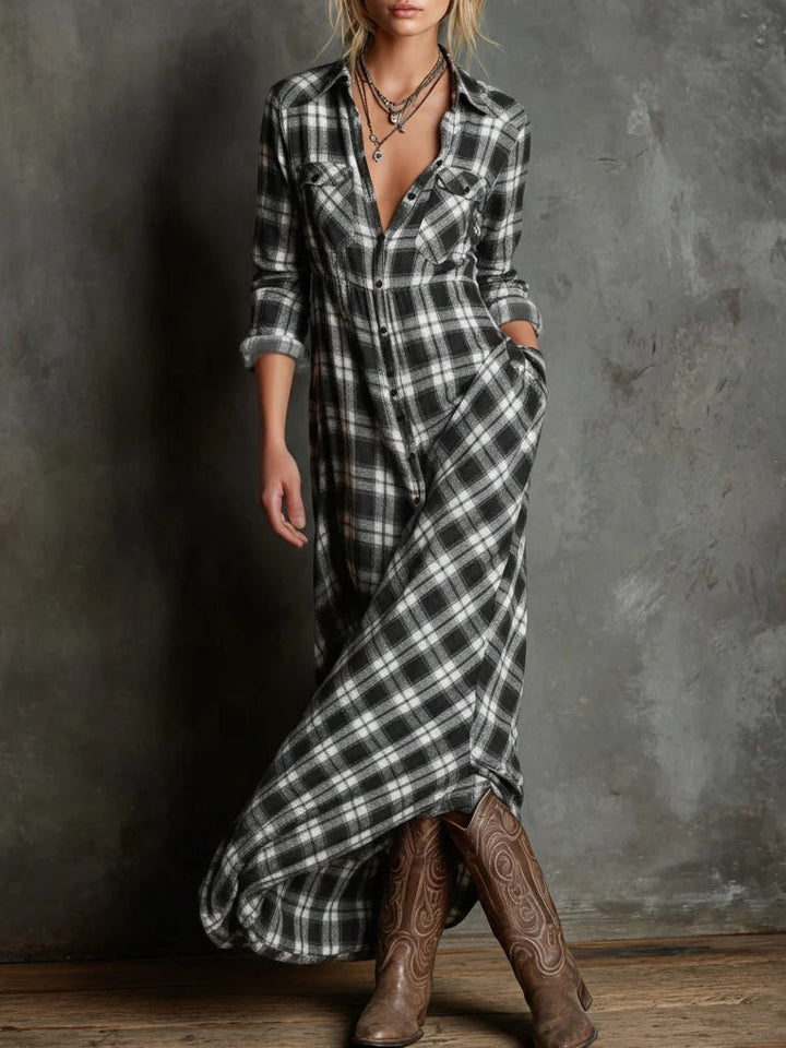 Green Checked Shirt Dress with Lapels, Solid Long Dress
