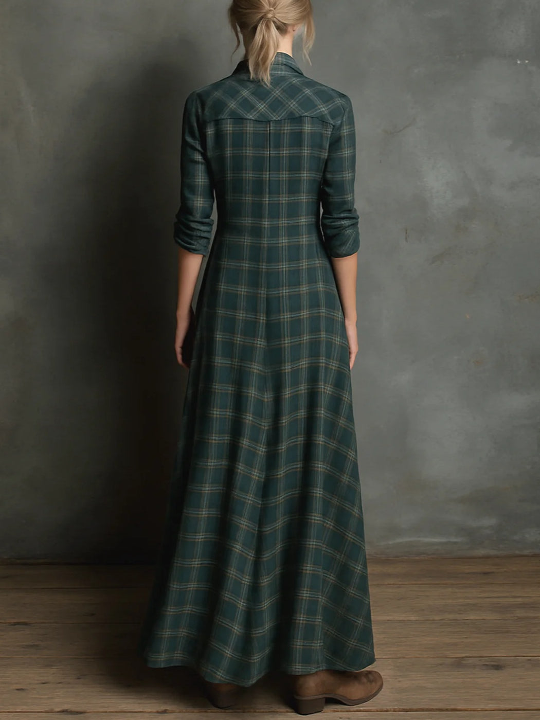 Green Checked Shirt Dress with Lapels, Solid Long Dress