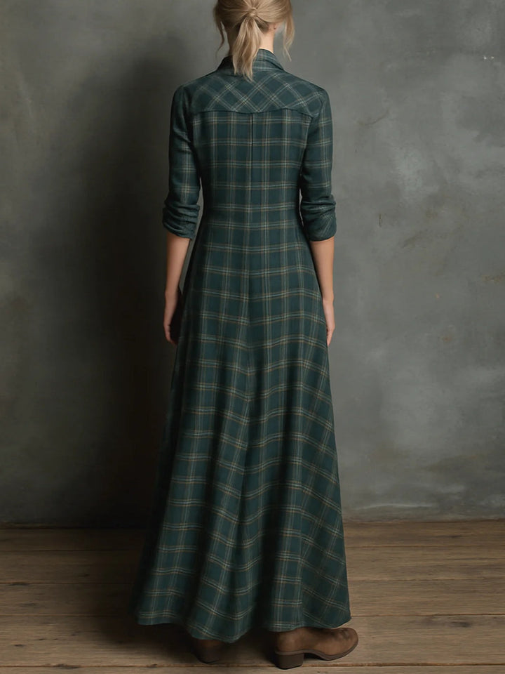 Green Checked Shirt Dress with Lapels, Solid Long Dress