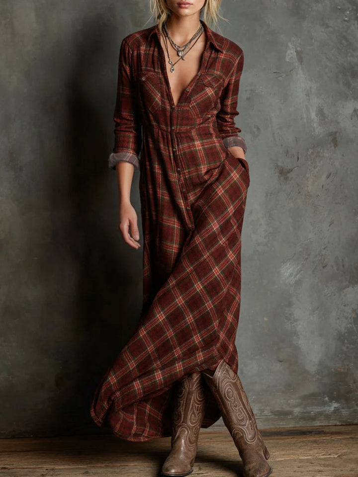 Green Checked Shirt Dress with Lapels, Solid Long Dress