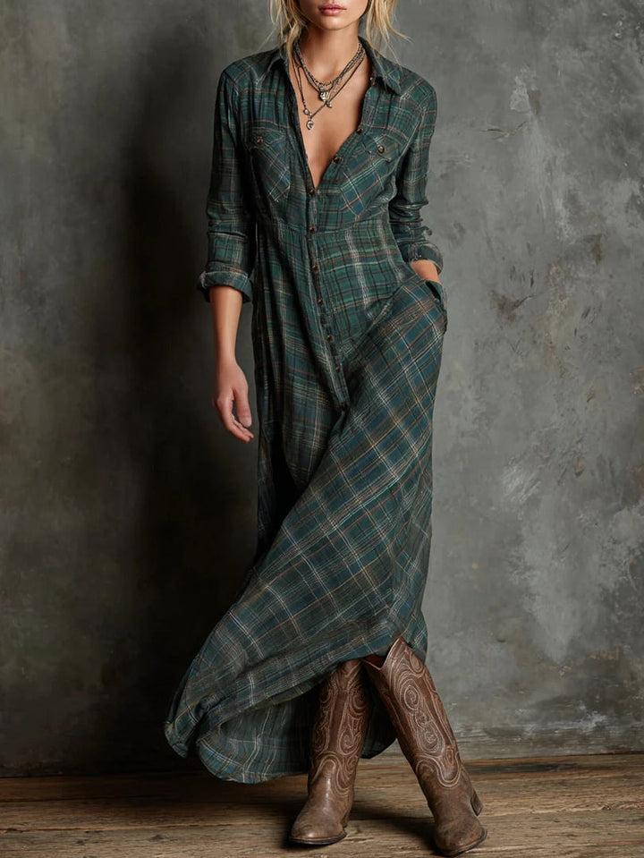 Green Checked Shirt Dress with Lapels, Solid Long Dress